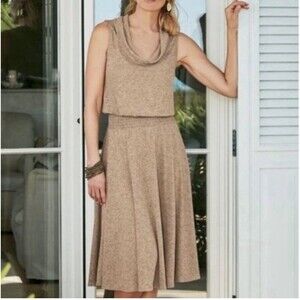 Soft Surroundings Kerry Dress Tan Cowl Neck Smocked Waist Large L Summer Office